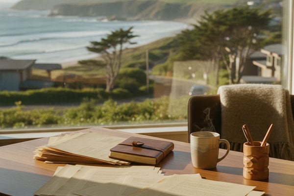 Wooden desk with notebook, mug, and writing supplies overlooking coastal cliffs and beach