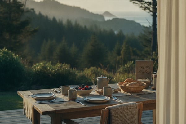 Wooden table set for breakfast on a deck overlooking forested mountains and water, with teapot, plates, and bread basket
