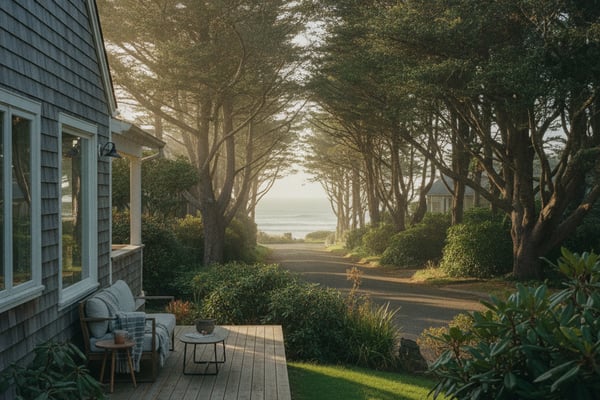 Wooden deck with seating overlooking tree-lined driveway and distant water view