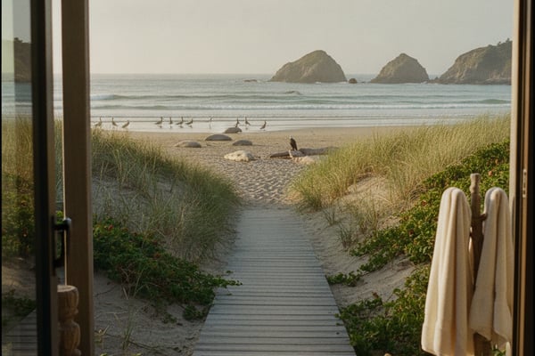 View through open glass doors to sandy beach with dune grass, wooden boardwalk, and rocky sea stacks offshore